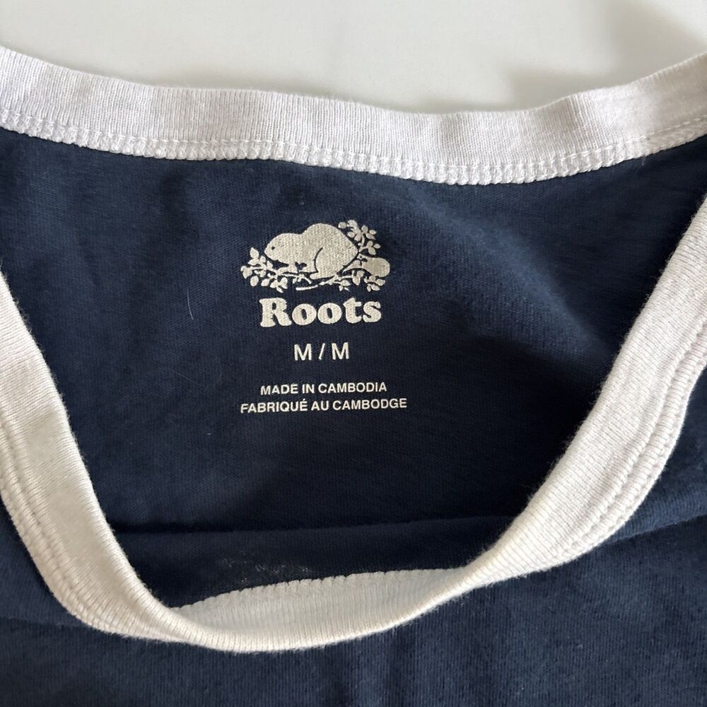 Roots Canada Womens Medium Navy Blue Ringer Tee Retro Rainbow Logo Maple Leaf - Picture 4 of 8